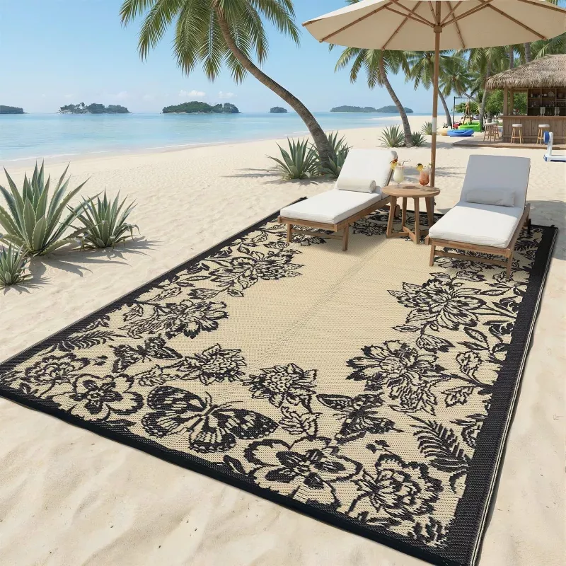 Waterproof Reversible Outdoor Rug 9x12ft – Large Plastic Straw Area Carpet for Patio, Deck, RV, Porch, Balcony, Camping, Backyard – Easy Clean, UV Resistant, Non-Slip – Black Coffee