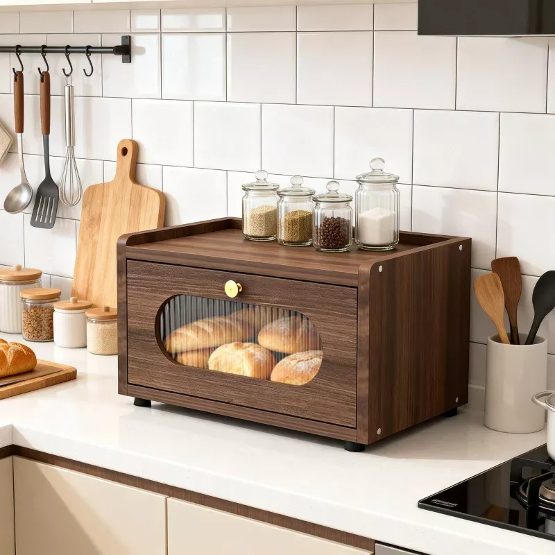 Wooden Bread Box for Kitchen Countertop, Farmhouse Bread Storage Container with Acrylic Window, Stackable Counter Top Breadbox for Bread Spices,Brown